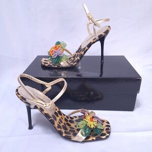 Dolce Gabbana Leopard Silk Beaded Flower Stiletto Sandals Heels Sz 35.5 US5.5
